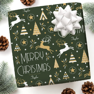 Art Deco Weihnachtsbaum Rentier Individuelle Name Geschenkpapier