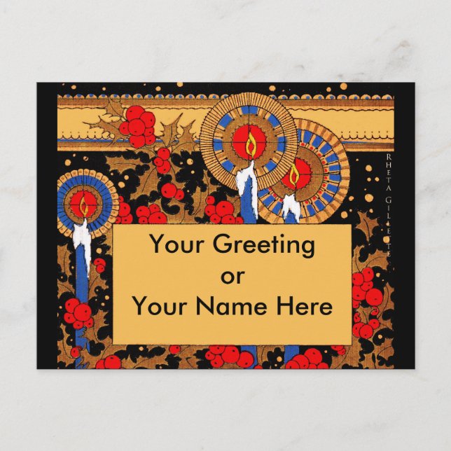 Art Deco Weihnachtskerzen und Holly Feiertagspostkarte (Vorderseite)