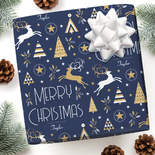Art Deco Weihnachtsrentier Benutzername Dunkelblau Geschenkpapier