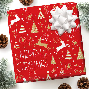 Art Deco Weihnachtsrentier Benutzername Rot Gold Geschenkpapier