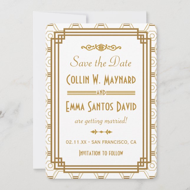 Art Deco Weiße Save The Dates Date (Vorderseite)
