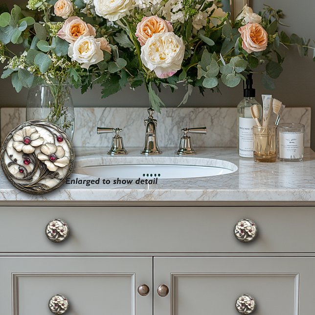 Art Deco Weißes Glas Blume Elegante Rote Beads Keramikknauf (Von Creator hochgeladen)