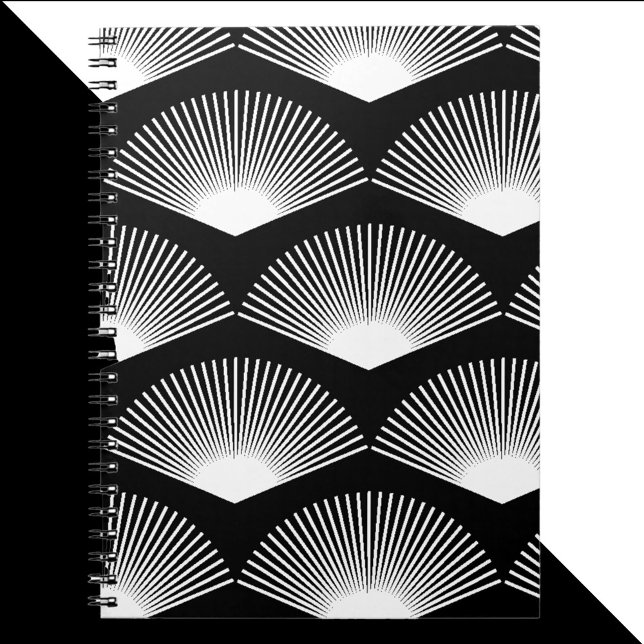 Art Deco Weißes Lüftermuster Schwarzer Hintergrund Notizblock (A notebook with an art deco white fan pattern on a black background.)