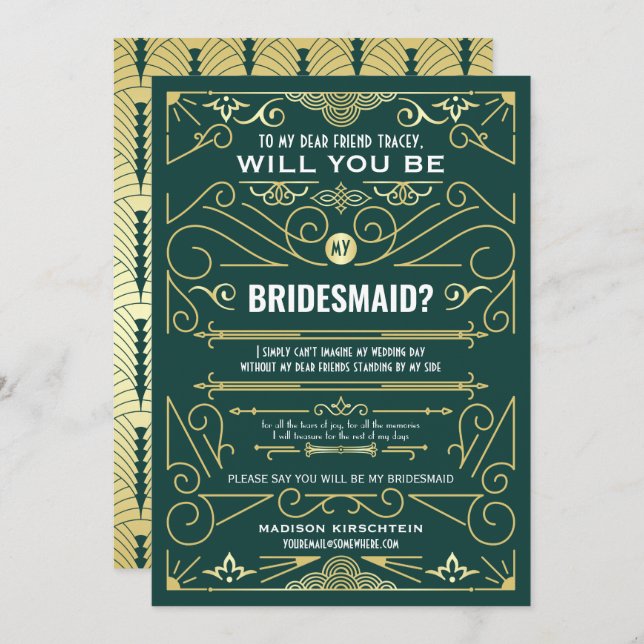 Art Deco werden Sie meine Bridesmaid Gold Green Einladung (Vorne/Hinten)