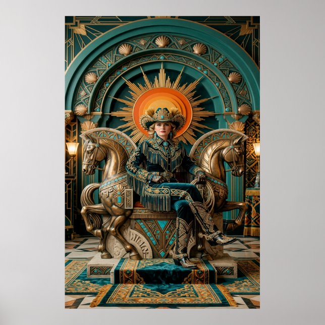 Art Deco Western Cowgirl Königin Thron Gold Poster (Vorne)