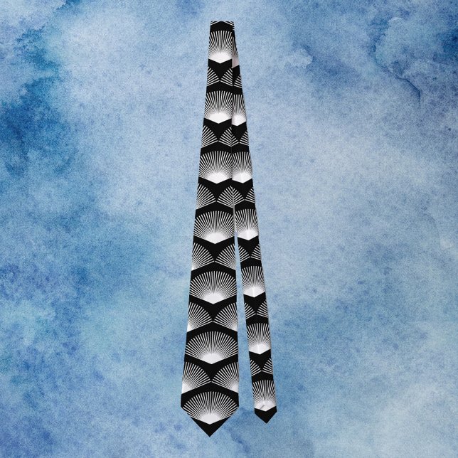Art Deco White Fan Muster Schwarz Krawatte (A tie with an art deco white fan pattern on a black background.)