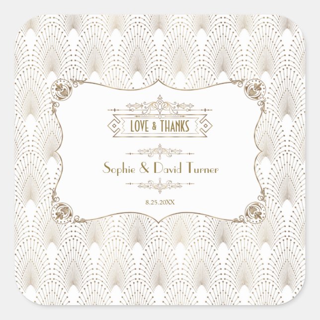 Art Deco White Gatsby 1920er Hochzeit Quadratischer Aufkleber (Vorderseite)