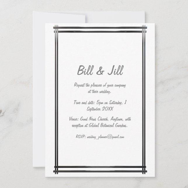 Art Déco White mit Black Border Wedding Einladung (Vorderseite)
