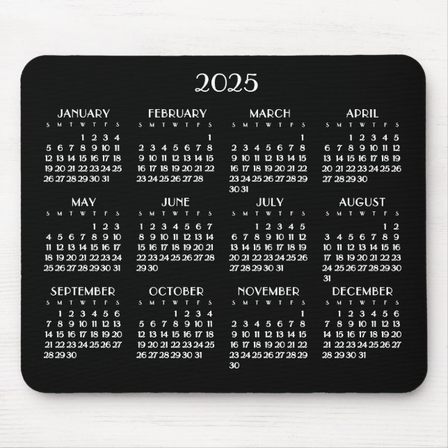 Art Deco White Yearly Calendar 2025 Mousepad (Vorne)