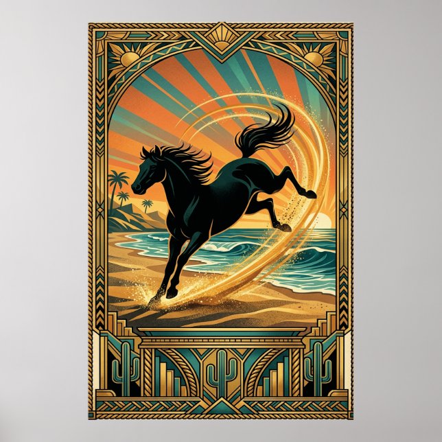 Art Deco Wild Horse Beach Sunset Teal Orange Poster (Vorne)