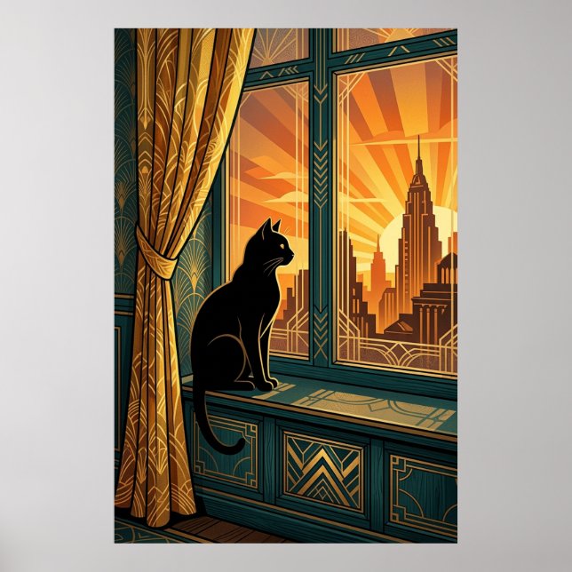 Art Deco Windowsill Gazing Cat Wall Art Poster (Vorne)