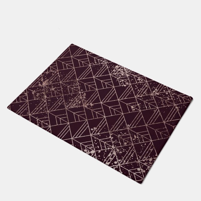 Art Deco Wine Red Gold Geometric Retro Muster Fußmatte (Schrägansicht)