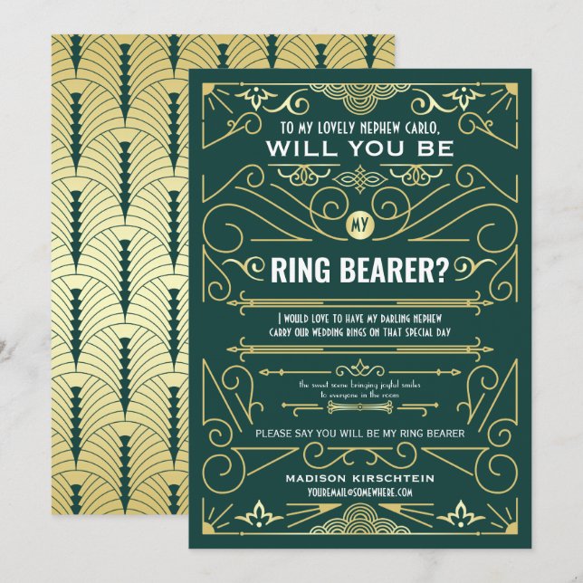 Art Deco wird mein Ring Bearer Gold Green sein Einladung (Vorne/Hinten)