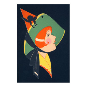 Art Deco Witch Hat Black Cat Fotodruck