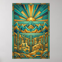 Art Deco Wüstenuntergangs-Plakat - Geometrischer S