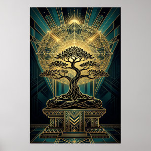 Art Deco Zen Bonsai Baum Mandala Gold Türkis Poste Poster