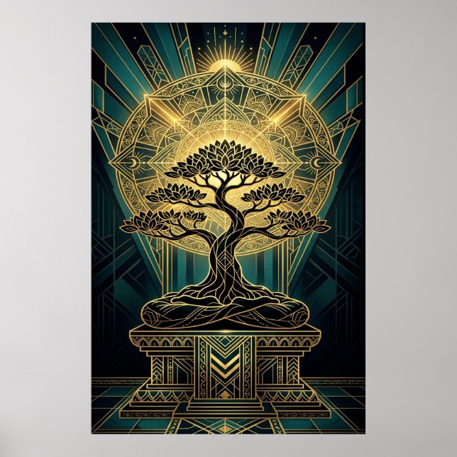 Art Deco Zen Bonsai Tree Mandala Gold Teal Poster (Vorne)