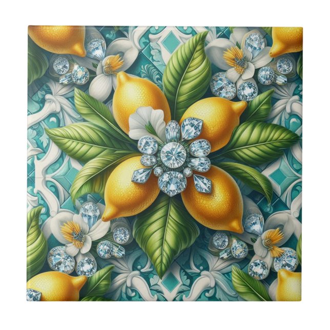 Art Deco Zitronen und Diamanten Fliese (Vorderseite)
