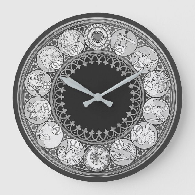 Art Deco Zodiac Zeichen| Silbergrau Große Wanduhr (Vorderseite)