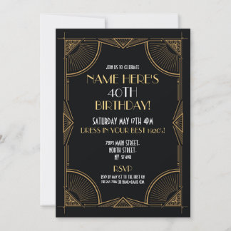 Art Deco zum Geburtstag Gatsby Party Black & Gold Einladung