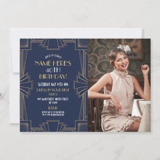 Art Deco zum Geburtstag Gatsby Party Navy Foto der Einladung