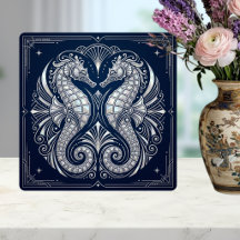 Art Deco Zwei Seepferdchen Perlmutter Blau