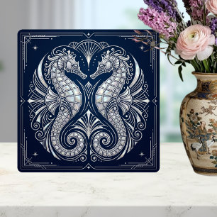 Art Deco Zwei Seepferde Perlmutt Blau Fliese