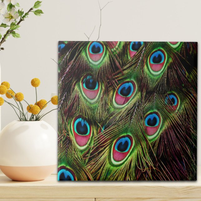 Art Deko aquamarine türkisgrüne Pfauenfeder Fliese (art deco teal green turquoise peacock feather ceramic tile)