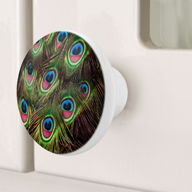 Art Deko aquamarine türkisgrüne Pfauenfeder Keramikknauf (art deco teal green turquoise peacock feather ceramic knob)