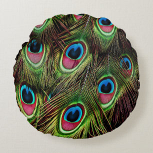 Art Deko aquamarine türkisgrüne Pfauenfeder Rundes Kissen