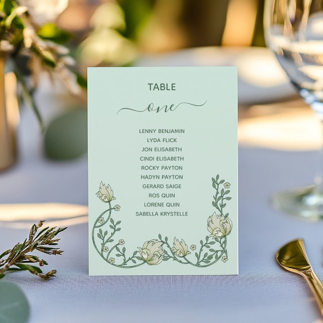 Art Deko Blume Green Tischnummer Seekarte (Art deco flowers wedding reception botanical green and cream Table Number Seating Chart)