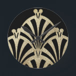 Art Deko Fan Muster schwarze Bronze elegant Vintag Runde Wanduhr<br><div class="desc">Ein Deko-Fanmuster in Schwarz und Bronze. Ein elegantes Vintages Design.</div>