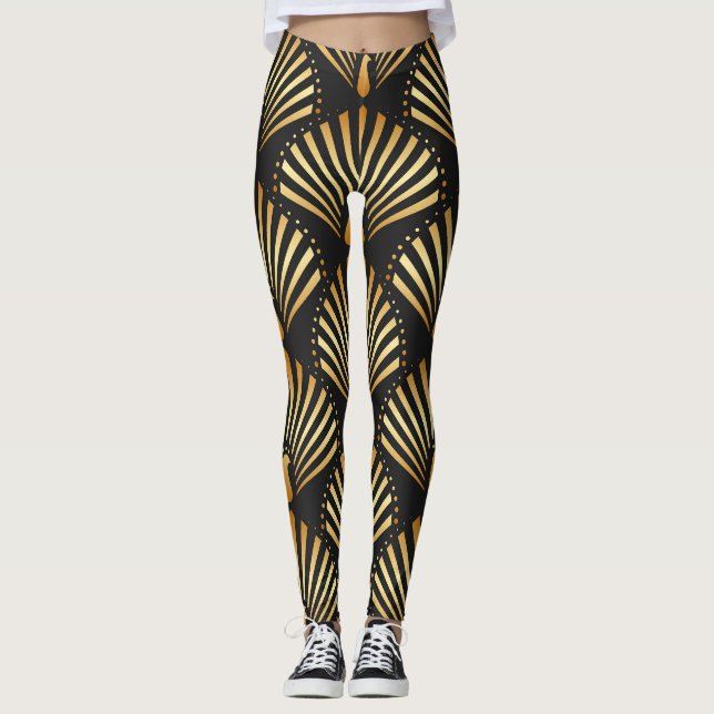 Art Deko Goldenes Pfauenmuster Leggings (Vorderseite)