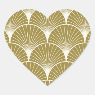 Art-Deko, Jakobsmuschel, -muster, -gold, -weiß, -s Herz-Aufkleber