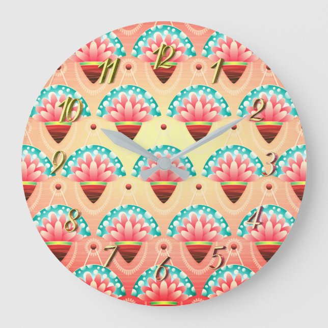 Art Deko Korallenrosa Blume Große Wanduhr (Vorderseite)