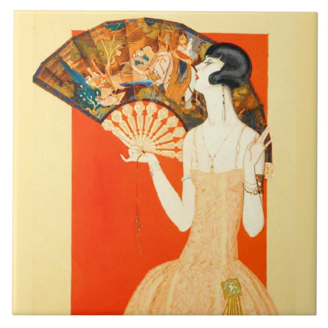Art Deko Lady mit Ventilator Fliese (Vorderseite)