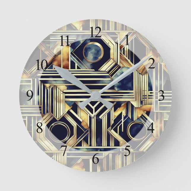 Art-Deko Marmor Schwarz und Gold Jazzy Geometric Runde Wanduhr (Vorderseite)