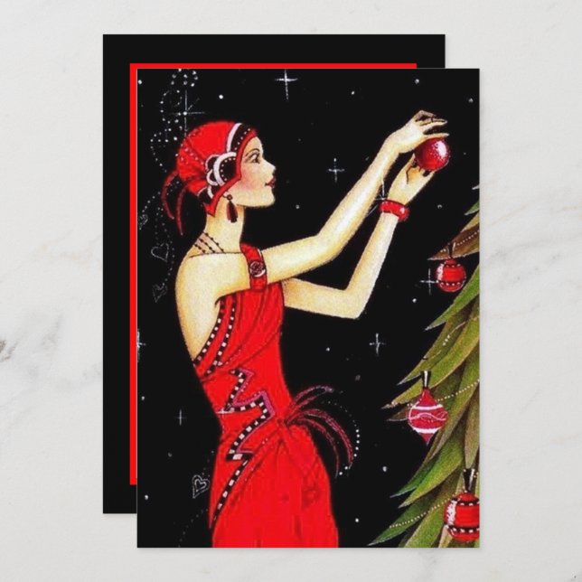 Art Deko Retro-Jahrgang Weihnachten hinzufügen Inf Einladung (Vorne/Hinten)