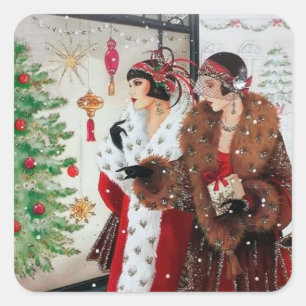 Art Deko Retro Vintage Damen Weihnachtsaufkleber Quadratischer Aufkleber