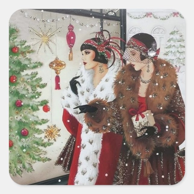 Art Deko Retro Vintage Damen Weihnachtsaufkleber Quadratischer Aufkleber (Vorderseite)
