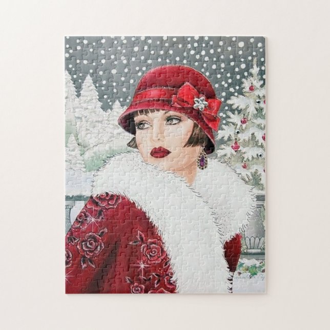 Art Deko Retro Weihnachtsfrau Puzzle (Vertikal)