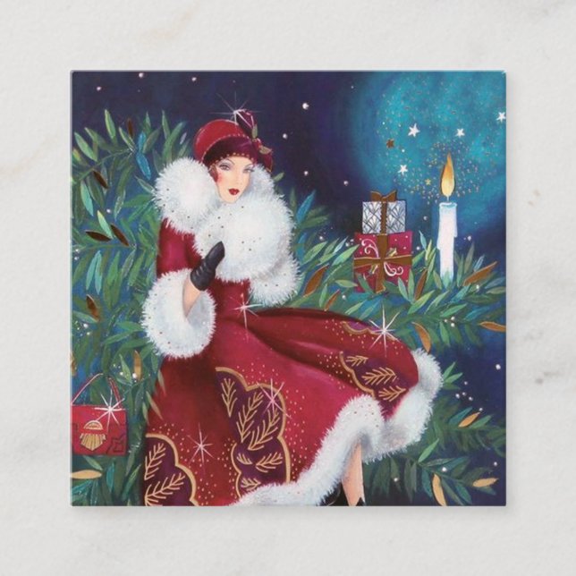 Art Deko Retro Weihnachtsfrau Quadratische Visitenkarte (Vorderseite)