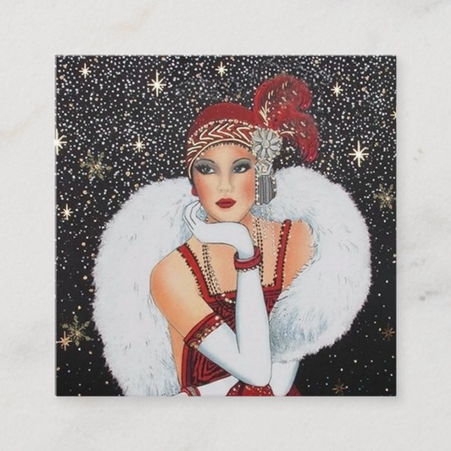 art Deko Retro-Weihnachtsfrau Quadratische Visitenkarte (Vorderseite)
