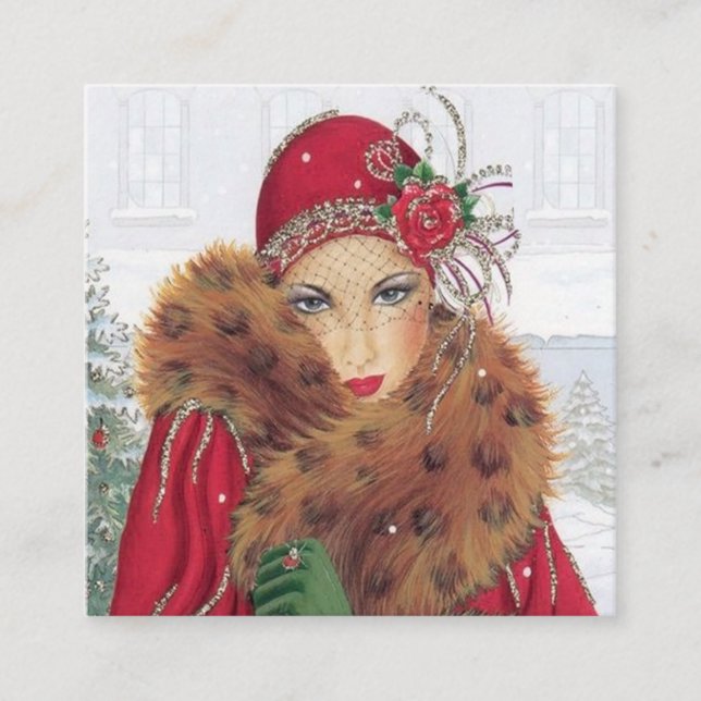 art Deko Retro-Weihnachtsfrau Quadratische Visitenkarte (Vorderseite)