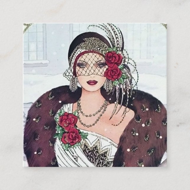 art Deko Retro-Weihnachtsfrau Quadratische Visitenkarte (Vorderseite)
