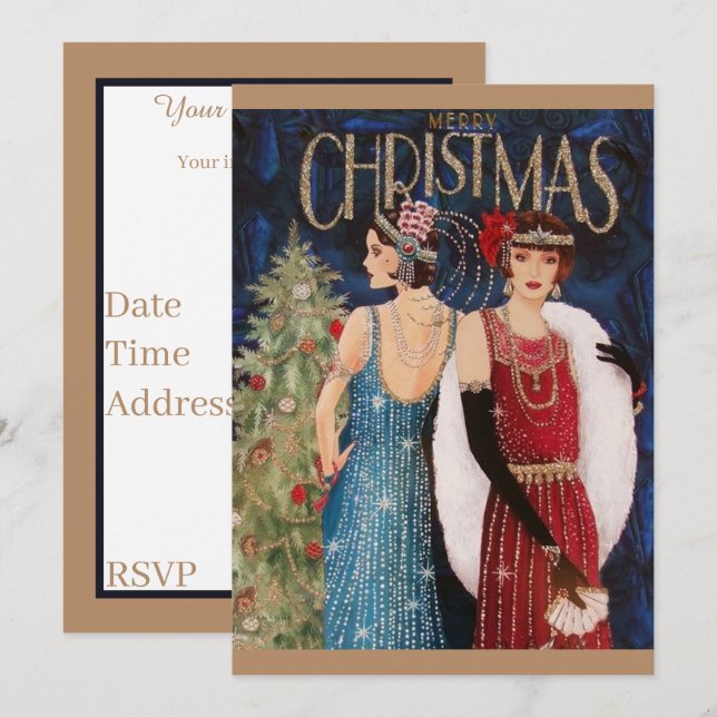 Art Deko Retro Weihnachtsfrauen Einladung (Vorne/Hinten)