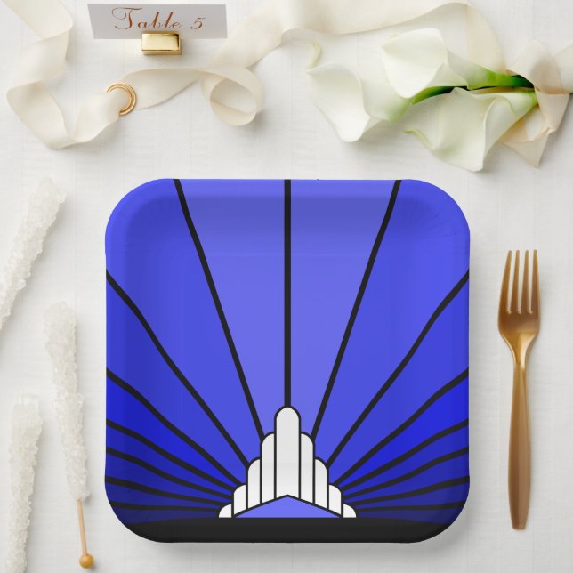 Art Deko Sonne in blauem Papierplatte Pappteller (Hochzeit)