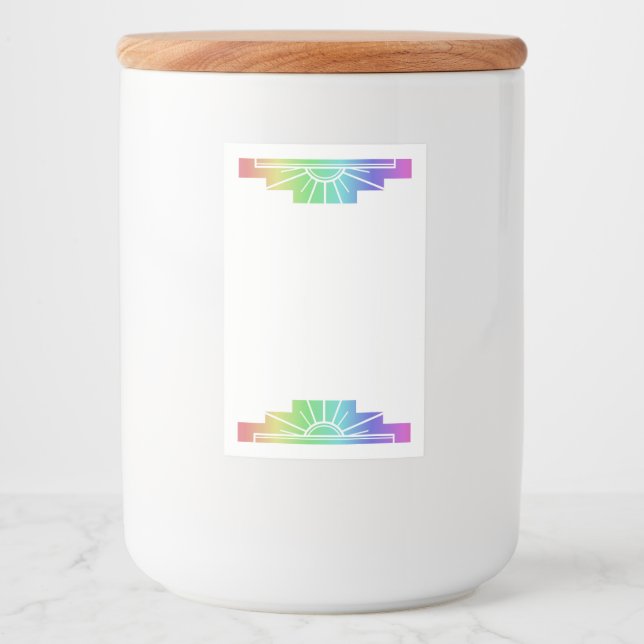 Art Deko Sonnenelement in blassem Regenbogen Lebensmitteletikett (Vorderseite)