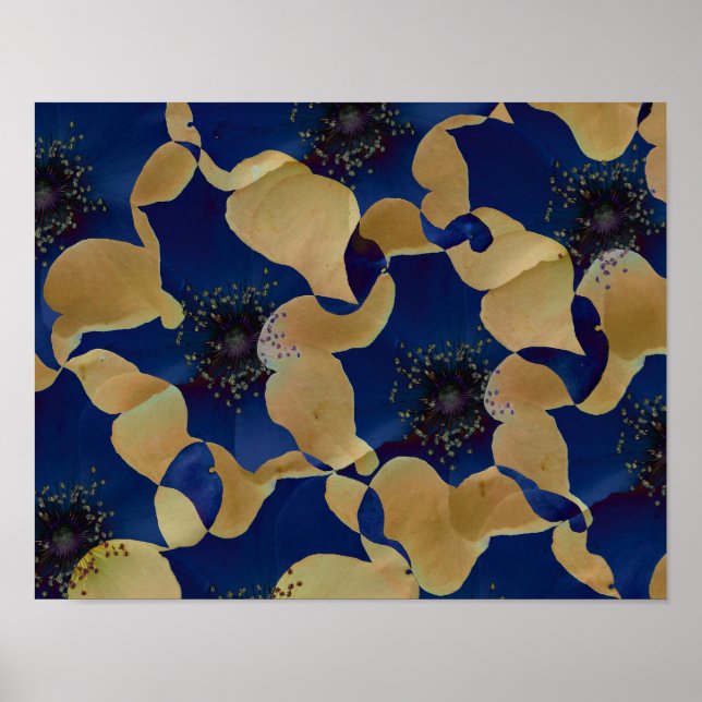 Art des Blumenmusters in Beige und Blau/Blume Poster (Vorne)