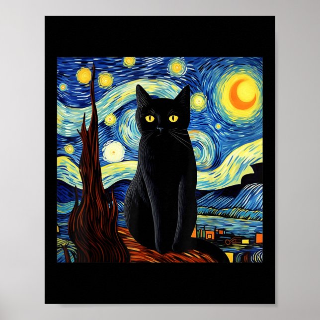 Art Funny Black Cat Painting Artist Van Gogh Starr Poster (Vorne)